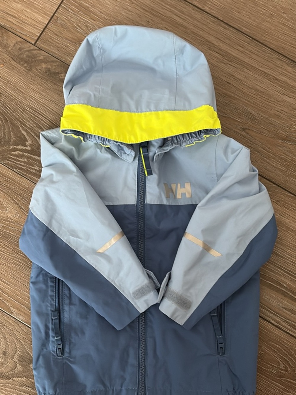 Helly Hansen Light Blue and Navy Kids Raincoat with Neon Yellow Trim